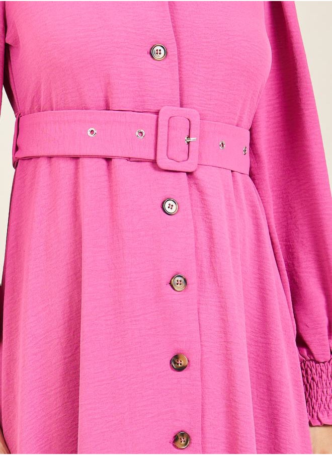 Styli - Smocked Cuff Sleeves Woven Belted Shirt Midi Dress - Image 1