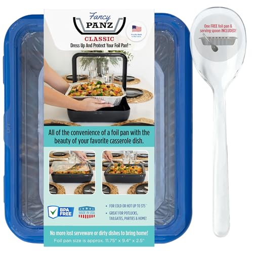Fancy Panz Classic, Food Serving Tray, Made in the USA Foil Pan Carrier, Stackable Aluminum Pan Holders with Clear Lid, Travel Casserole Carrier With 1 Disposable Foil Pan & Serving Spoon, Denim Blue - Image 1