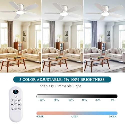 Ayaoty Ceiling Fans with Lights, 42 inch Low Profile Ceiling Fan with Light and Remote Control, Flush Mount, Reversible Motor, Dimmable, Noiseless, White Ceiling Fan for Bedroom, Indoor/Outdoor Use - Image 5