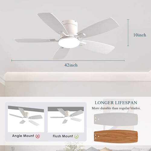 Ayaoty Ceiling Fans with Lights, 42 inch Low Profile Ceiling Fan with Light and Remote Control, Flush Mount, Reversible Motor, Dimmable, Noiseless, White Ceiling Fan for Bedroom, Indoor/Outdoor Use - Image 2