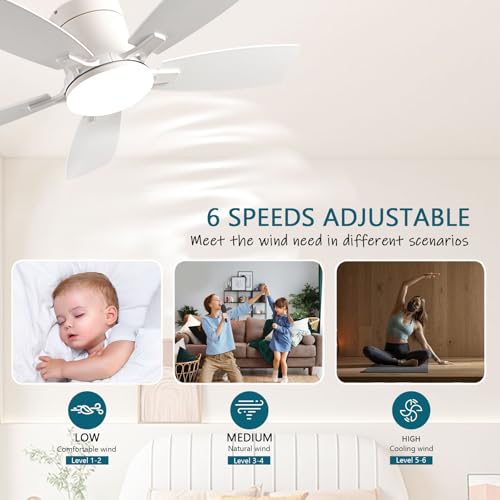 Ayaoty Ceiling Fans with Lights, 42 inch Low Profile Ceiling Fan with Light and Remote Control, Flush Mount, Reversible Motor, Dimmable, Noiseless, White Ceiling Fan for Bedroom, Indoor/Outdoor Use - Image 3