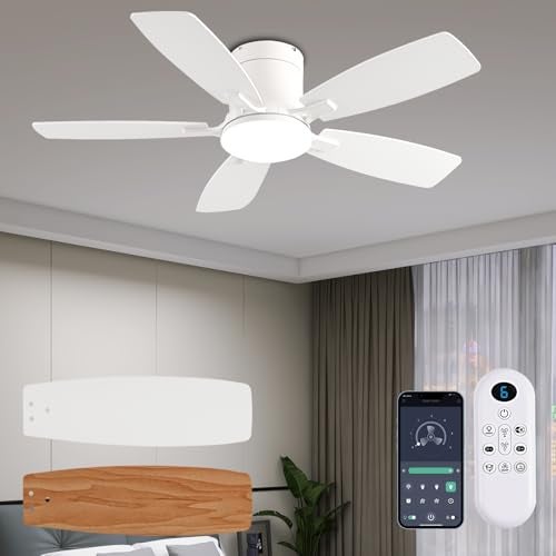 Ayaoty Ceiling Fans with Lights, 42 inch Low Profile Ceiling Fan with Light and Remote Control, Flush Mount, Reversible Motor, Dimmable, Noiseless, White Ceiling Fan for Bedroom, Indoor/Outdoor Use - Image 1