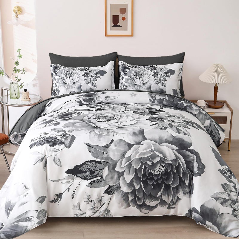 Dintszyayue Grey Comforter Set Queen 7 Piece Bed in a Bag,Gray Floral Printed on White Lightweight Comforter Set with Sheets,Complete Soft Microfiber Elegant Flower Bedding Set for All Season - Image 1