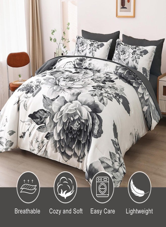 Dintszyayue Grey Comforter Set Queen 7 Piece Bed in a Bag,Gray Floral Printed on White Lightweight Comforter Set with Sheets,Complete Soft Microfiber Elegant Flower Bedding Set for All Season - Image 3