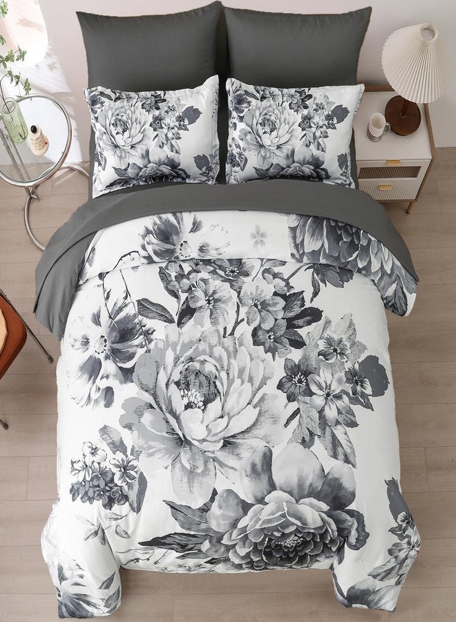Dintszyayue Grey Comforter Set Queen 7 Piece Bed in a Bag,Gray Floral Printed on White Lightweight Comforter Set with Sheets,Complete Soft Microfiber Elegant Flower Bedding Set for All Season - Image 2