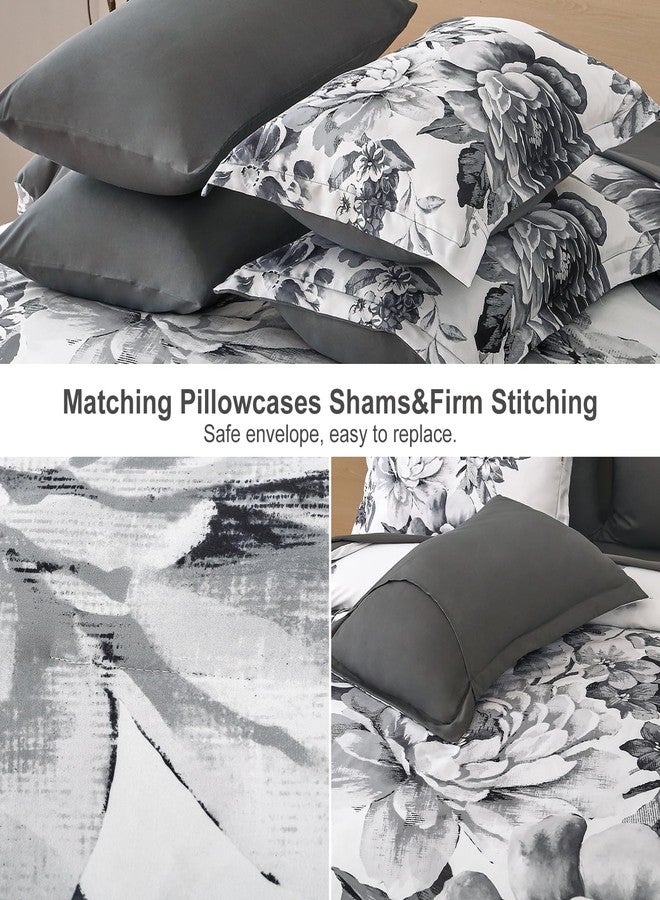 Dintszyayue Grey Comforter Set Queen 7 Piece Bed in a Bag,Gray Floral Printed on White Lightweight Comforter Set with Sheets,Complete Soft Microfiber Elegant Flower Bedding Set for All Season - Image 5