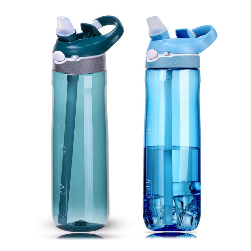 DEARART 2Pack 24oz Light Blue Dark Cyan Water Bottles With Straw Leakproof BPA FREE Hidden Nozzle Flip Up Lid Has Handle Wide Bottle Easy Clear Suit Office Outdoor Sports Travel Gym - Image 2