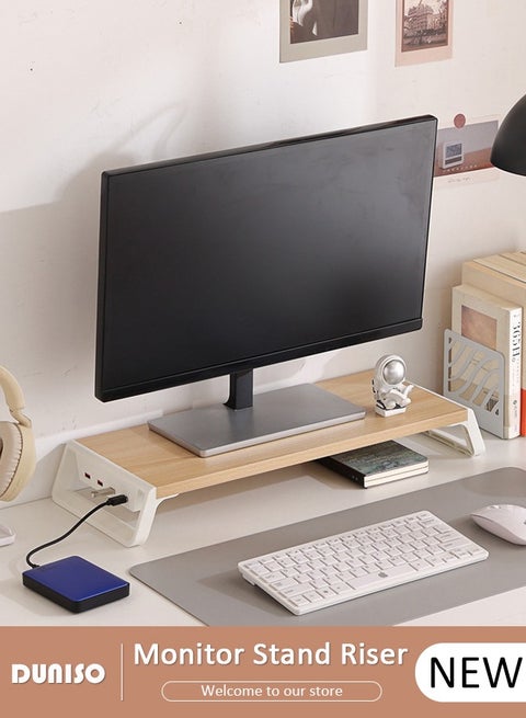 Desktop Monitor Stand Riser, Ergonomic Height Wood Desktop Riser Organizer, Laptop Stand Riser with USB Data Port, Desktop Computer Desk Organizer, PC/Laptop/TV/Printer Monitor Stand for Home Office Use