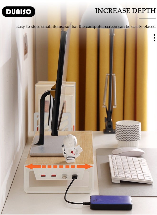 DUNISO - Desktop Monitor Stand Riser, Ergonomic Height Wood Desktop Riser Organizer, Laptop Stand Riser with USB Data Port, Desktop Computer Desk Organizer, PC/Laptop/TV/Printer Monitor Stand for Home Office Use - Image 1