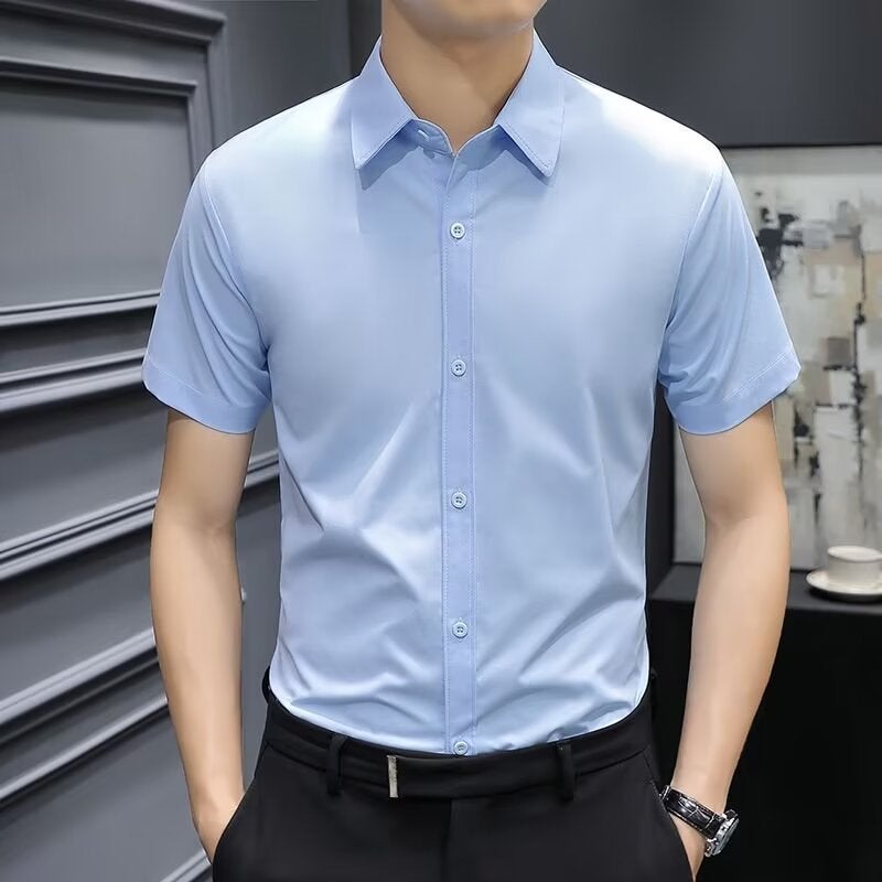 Mens Short-sleeved Shirt 2024 Spring and Summer Slim-fit Work Top Business Casual Solid Color Half-sleeved Shirt Dark blue - Image 2