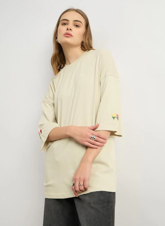 Styli Floral Embroidered Dropped Shoulder Oversized T-Shirt