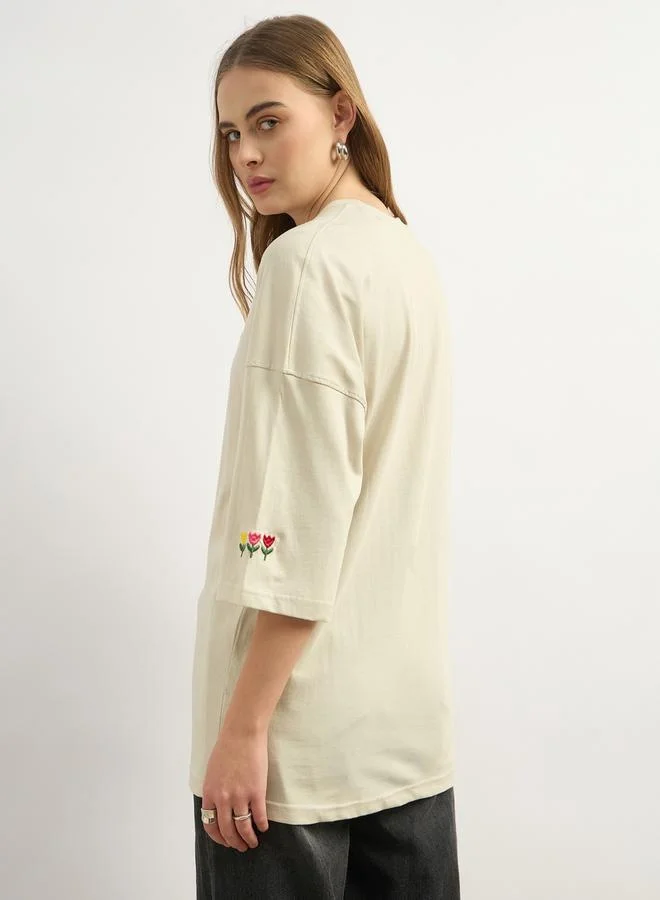 Styli Floral Embroidered Dropped Shoulder Oversized T-Shirt