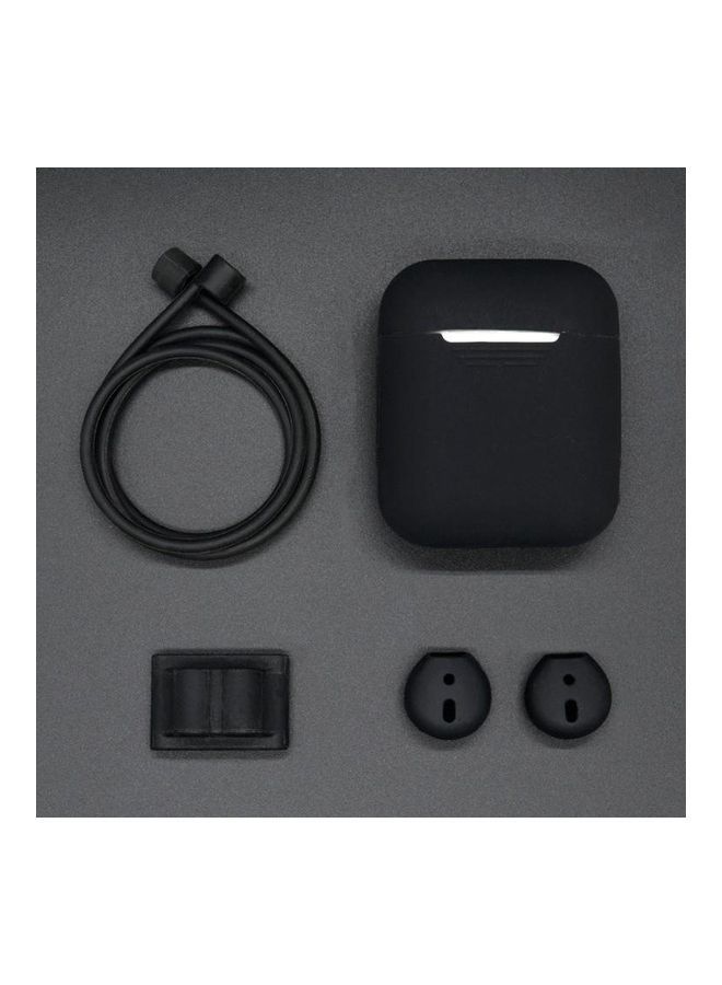 NIBEMINENT Protective Silicone Case With Anti-Lost Rope And Earphones Hang Buckle Plus Earplugs Cover For Apple AirPods 1/2 Black  - Image 1