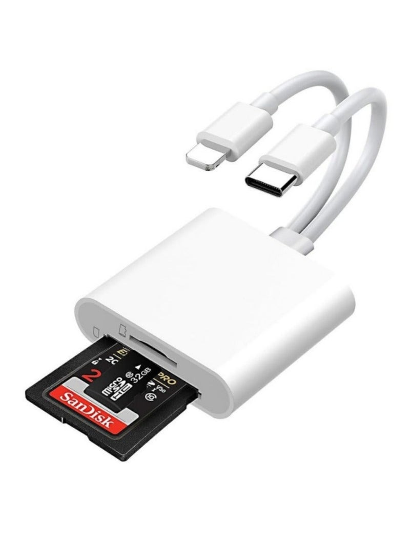 قارئ بطاقة SD لجهاز آيفون وآيباد والكاميرا، قارئ بطاقة ذاكرة مع فتحتين يدعمان بطاقة SD وTF، عارض لبطاقة الذاكرة من كاميرا الصيد، محول بطاقة SD محمول، قارئ بطاقة ميكرو SD، التوصيل والتشغيل. - Image 1