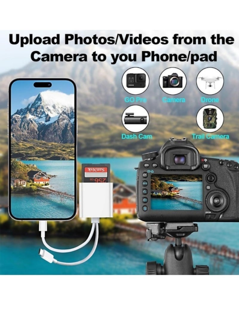 قارئ بطاقة SD لجهاز آيفون وآيباد والكاميرا، قارئ بطاقة ذاكرة مع فتحتين يدعمان بطاقة SD وTF، عارض لبطاقة الذاكرة من كاميرا الصيد، محول بطاقة SD محمول، قارئ بطاقة ميكرو SD، التوصيل والتشغيل. - Image 4