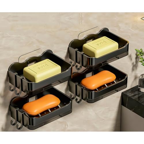 MorivaHomes Plastic Self-Adhseive Bathroom Soap Holder with Drainage Tray Wall Mounted Soap Sponge Holder Organizer Accessories (Black, Pack of 4) - Image 1