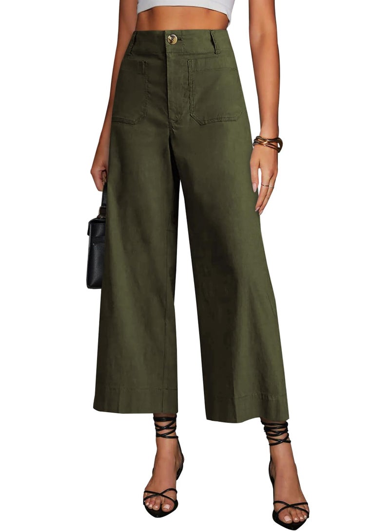 miduo Womens Fall Casual Plus Size Button High Rised Cropped Wide Leg Trousers Straight Leg Pants with Pockets Green 32 - Image 1