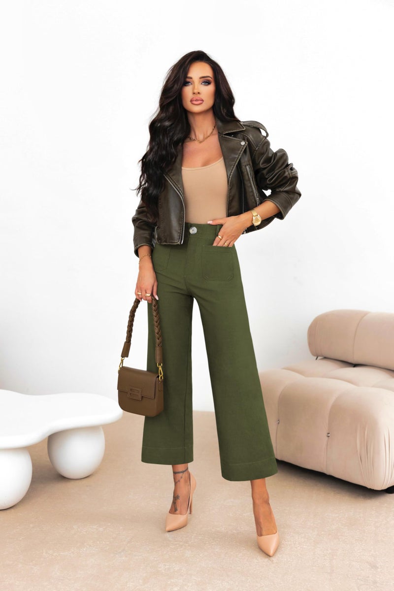 miduo Womens Fall Casual Plus Size Button High Rised Cropped Wide Leg Trousers Straight Leg Pants with Pockets Green 32 - Image 5