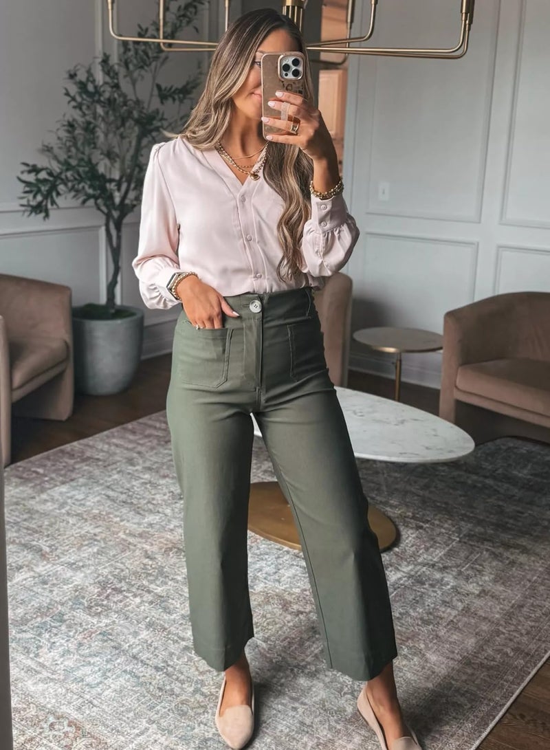 miduo Womens Fall Casual Plus Size Button High Rised Cropped Wide Leg Trousers Straight Leg Pants with Pockets Green 32 - Image 2