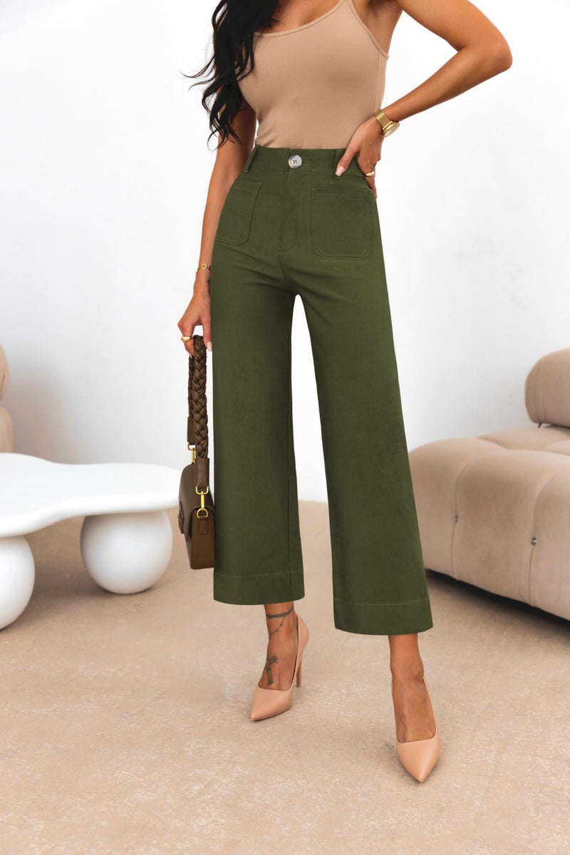 miduo Womens Fall Casual Plus Size Button High Rised Cropped Wide Leg Trousers Straight Leg Pants with Pockets Green 32 - Image 3