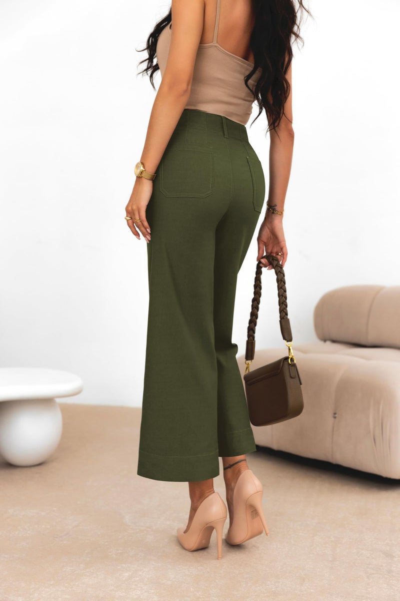miduo Womens Fall Casual Plus Size Button High Rised Cropped Wide Leg Trousers Straight Leg Pants with Pockets Green 32 - Image 4