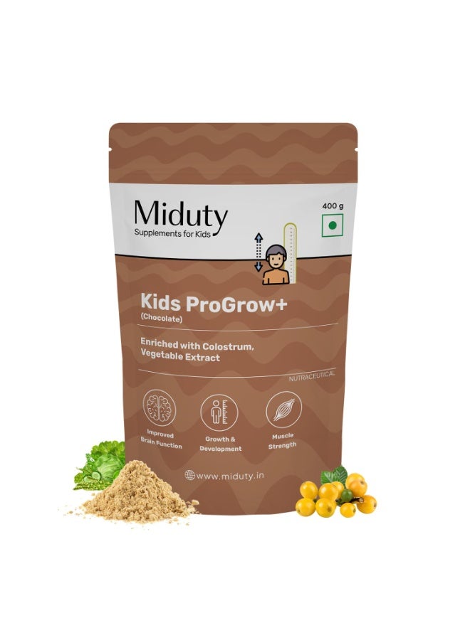 Miduty ProGrow+ Kids Chocolate Shake with Whey, MCT & Colostrum - Supports Growth, Energy, Brain & Immunity - With Active Vitamins, Minerals & Herbal Extracts - Chocolate, 400g - Image 1