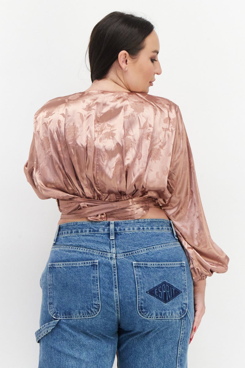 Koco & K Women Surplice Neck Balloon Sleeve Floral Print Top, Tan - Image 4