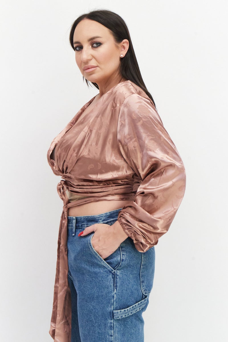 Koco & K Women Surplice Neck Balloon Sleeve Floral Print Top, Tan - Image 2