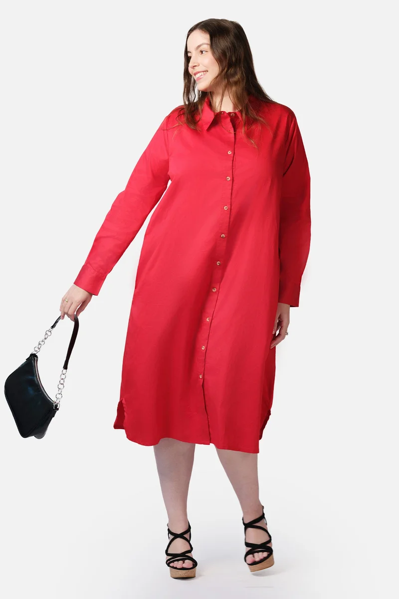 فيرجيو Solid Cotton Midi Shirt Plus Size Dress for Women