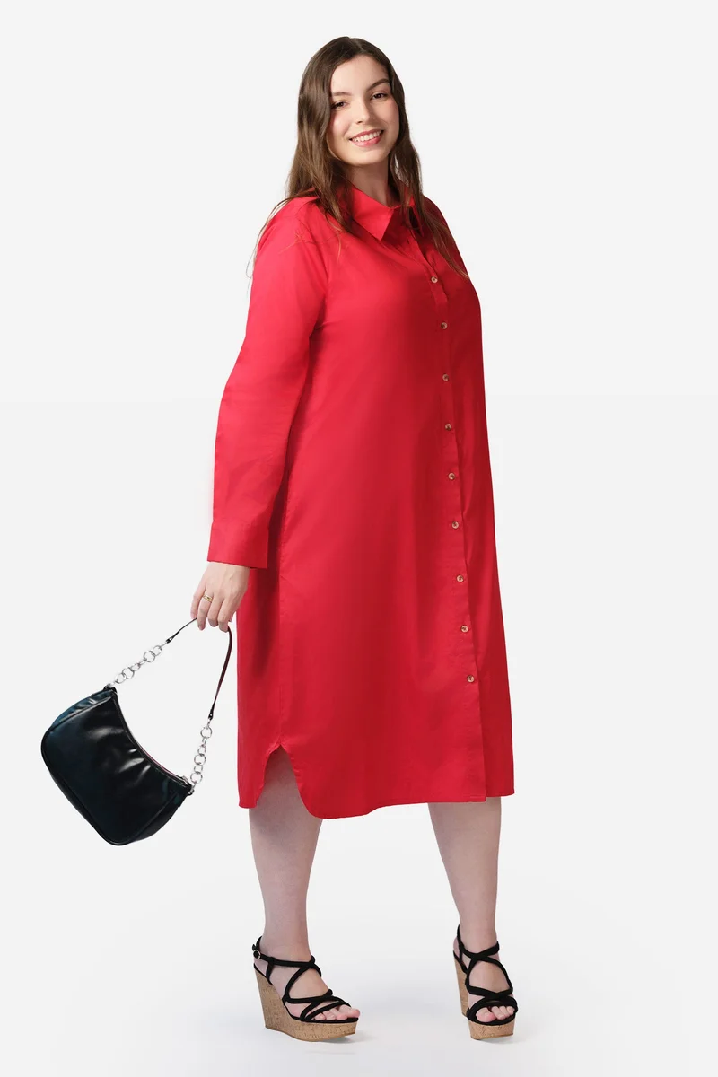 فيرجيو Solid Cotton Midi Shirt Plus Size Dress for Women