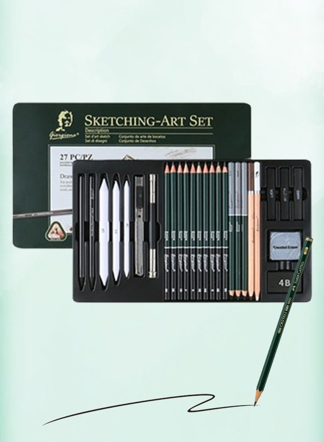 Generic 27-Piece Art Pencil Set Professional Drawing Sketch Pen Color stability Student Writing Drawing Tool with Utility Erasers Graphite Sticks Pencil Extender/2H/H/HB/F/B/2B/4B/6B/8B  - Image 1