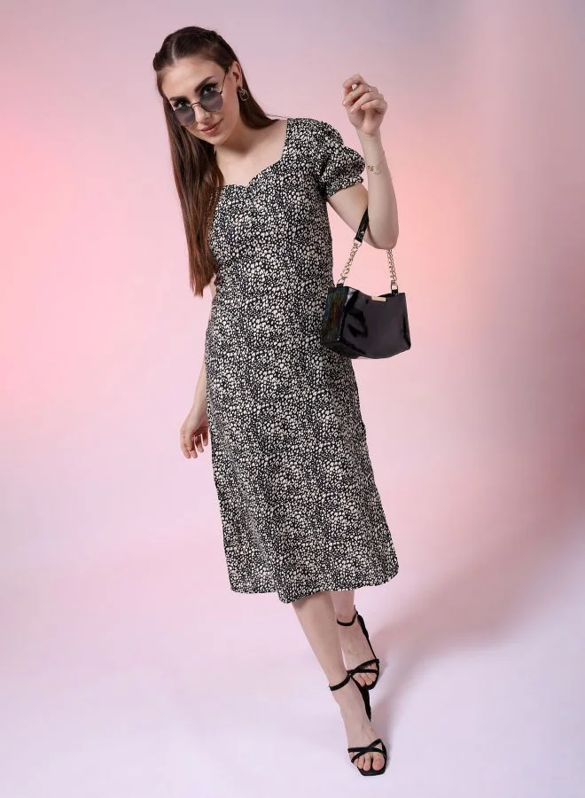 Freehand Women A-Line Casual Ditsy Print Sweetheart Neck Midi Dress