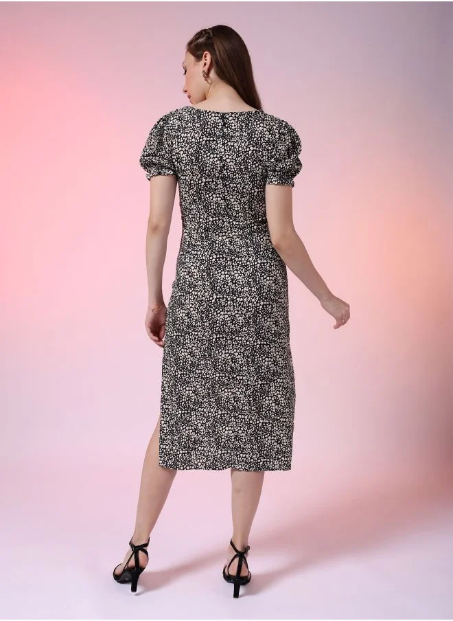 Freehand Women A-Line Casual Ditsy Print Sweetheart Neck Midi Dress