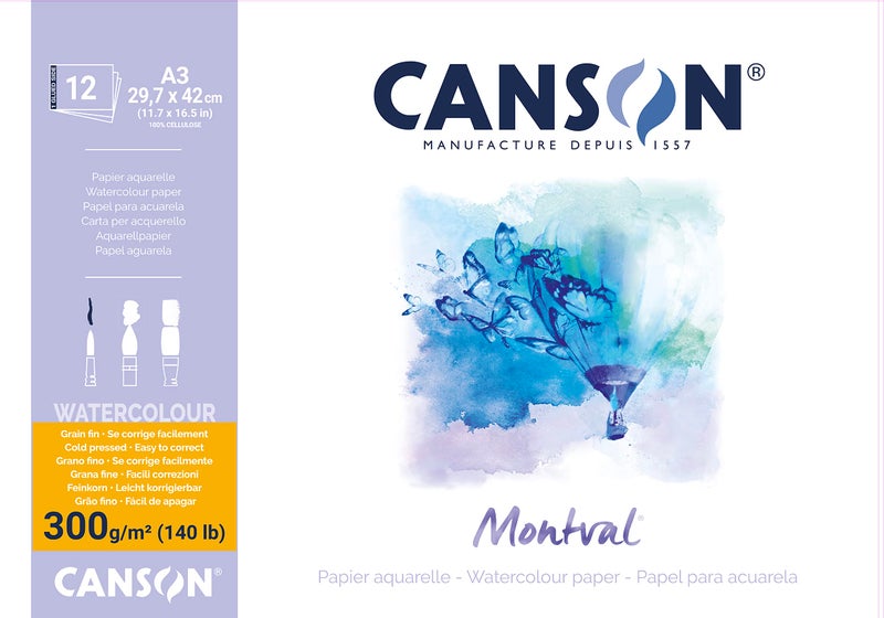Canson Montval 300gsm Watercolour Practice Paper pad Including 12 Sheets SizeA3 Natural White and Cold Pressed Not