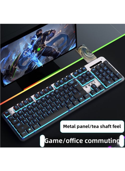 Mechanical Feel Keyboard Mouse Suit Wired Desktop Computer Notebook Game E-sports Typing US Wholesale-Color:Mechanical Feel - 1 Year Warranty - Black Characters, White Ice Blue Light [single Keyboard] - Upgraded Alloy Panel - No - 104 Keys - Official Standard