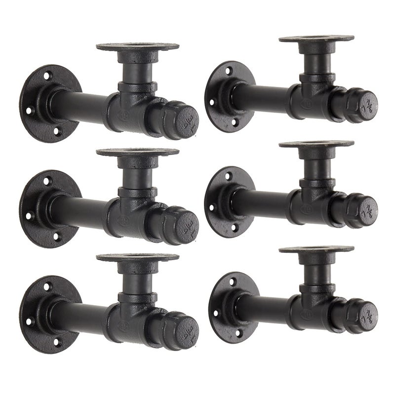 YCCO Industrial Pipe Shelf Bracket 6.7",Iron L Pipe Shelving Wall Floating Shelf Bracket for 6-12" Board,Industrial Pipe Shelves Heavy Duty Black Metal Pipe Clothing Rack 6 Pack, Include Accessories - Image 1