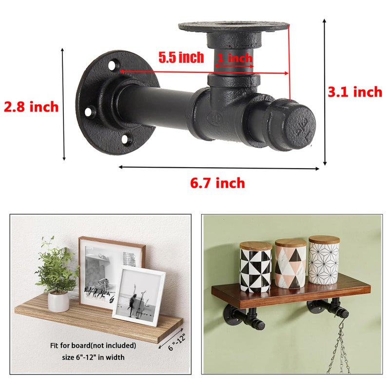 YCCO Industrial Pipe Shelf Bracket 6.7",Iron L Pipe Shelving Wall Floating Shelf Bracket for 6-12" Board,Industrial Pipe Shelves Heavy Duty Black Metal Pipe Clothing Rack 6 Pack, Include Accessories - Image 2