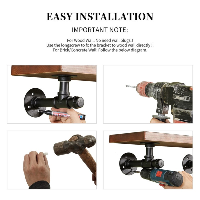 YCCO Industrial Pipe Shelf Bracket 6.7",Iron L Pipe Shelving Wall Floating Shelf Bracket for 6-12" Board,Industrial Pipe Shelves Heavy Duty Black Metal Pipe Clothing Rack 6 Pack, Include Accessories - Image 4