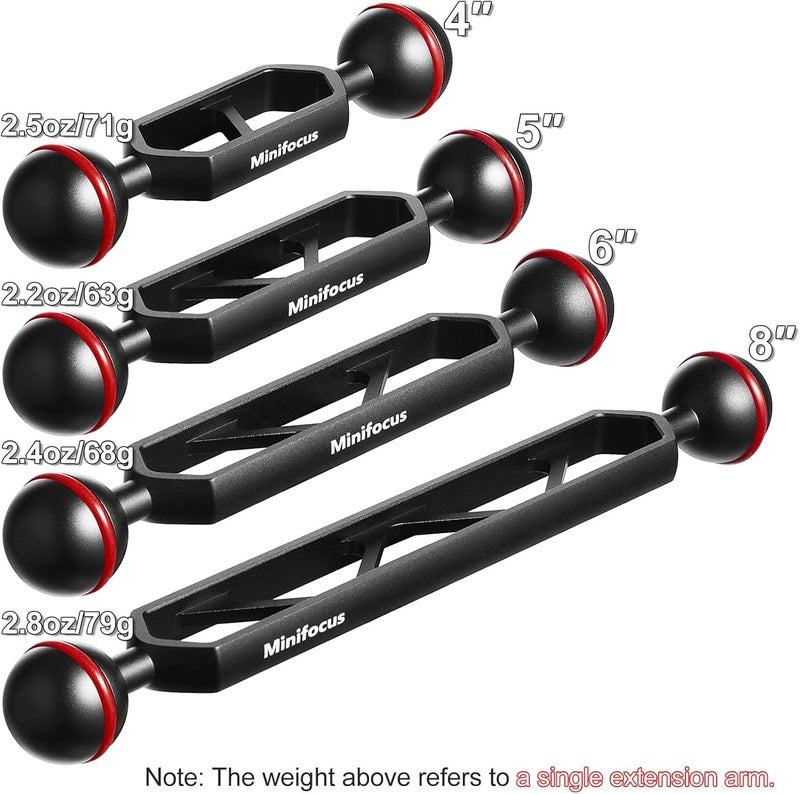 MINIFOCUS 8" Double Aluminum Extension Arm, 1" Ball Head Connector Underwater CNC Arm System Ball Head Extension for Strobe/Video Light/Diving Camera Tray, Waterproof and Rustproof (2pack) - Image 5