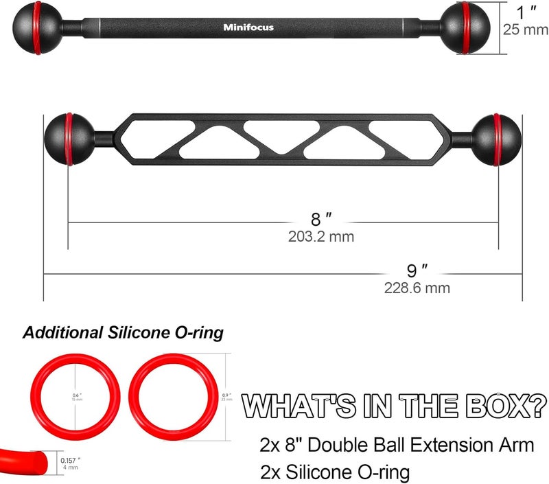 MINIFOCUS 8" Double Aluminum Extension Arm, 1" Ball Head Connector Underwater CNC Arm System Ball Head Extension for Strobe/Video Light/Diving Camera Tray, Waterproof and Rustproof (2pack) - Image 4