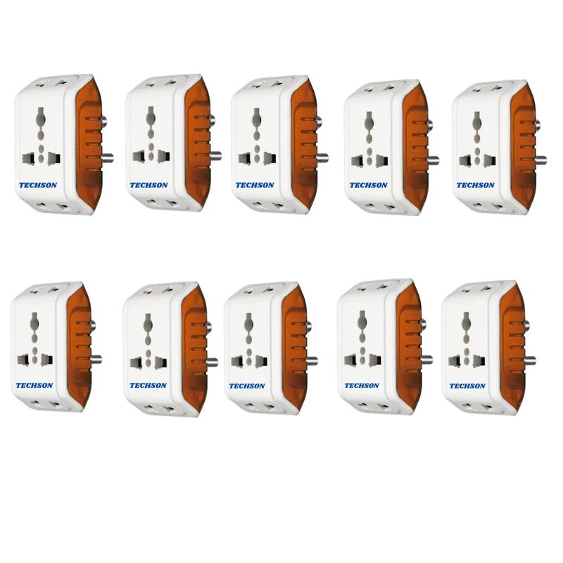 TECHSON TECHSON 6A 3 Pin Multi Plug Socket Travel Adapter with Universal Socket 3 Pin Multi Plug Extension SocketWhite and Red Pack OF10  - Image 1