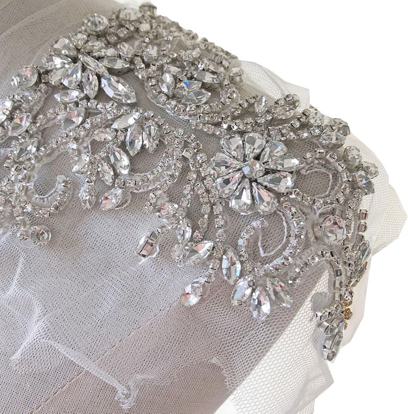 gelvs Sparkle Rhinestone Applique Wedding Dress Accessories Beaded Patch V-Neck Crystal Neckline Silver Color - Image 1