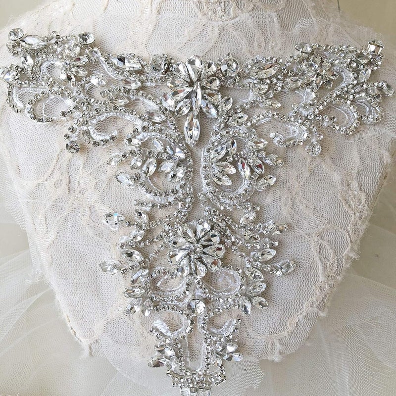 gelvs Sparkle Rhinestone Applique Wedding Dress Accessories Beaded Patch V-Neck Crystal Neckline Silver Color - Image 2