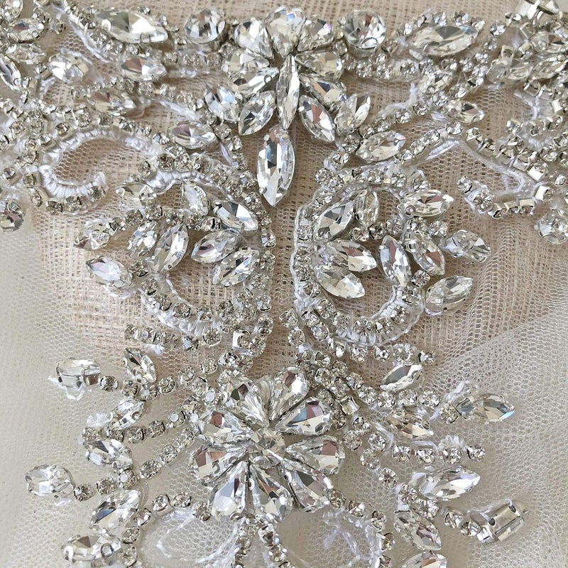 gelvs Sparkle Rhinestone Applique Wedding Dress Accessories Beaded Patch V-Neck Crystal Neckline Silver Color - Image 3