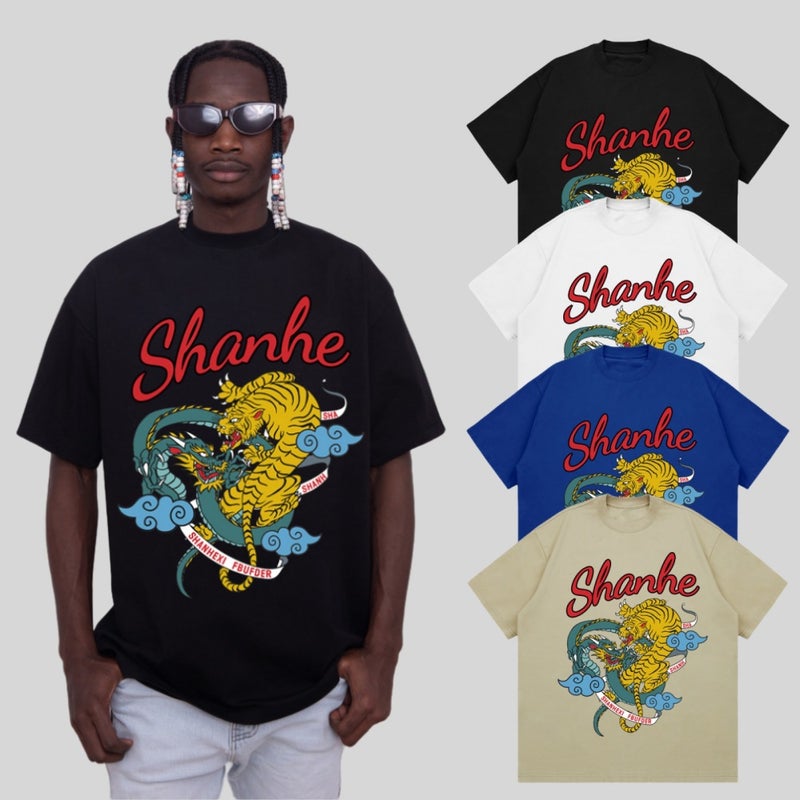 New Summer Dragon And Tiger Totem Printed National Fashion Loose All-Match Short-Sleeved T-Shirt Heavy-Weight Impermeable 260G American Small Collar - Image 3