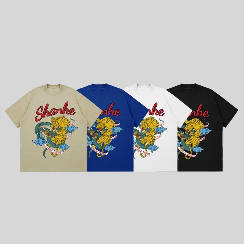 New Summer Dragon And Tiger Totem Printed National Fashion Loose All-Match Short-Sleeved T-Shirt Heavy-Weight Impermeable 260G American Small Collar - Image 2