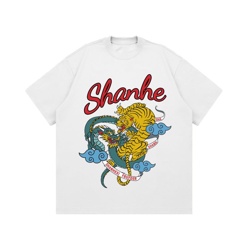 New Summer Dragon And Tiger Totem Printed National Fashion Loose All-Match Short-Sleeved T-Shirt Heavy-Weight Impermeable 260G American Small Collar - Image 1