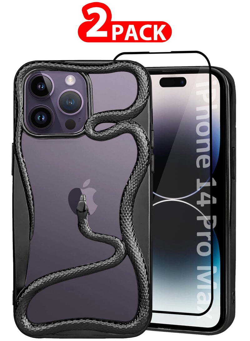 CATANES iPhone 14 Pro Max 2Packs Snake Case Cover Soft TPU and Glossy with 3D Shockproof Screen Protector - Black - Image 1