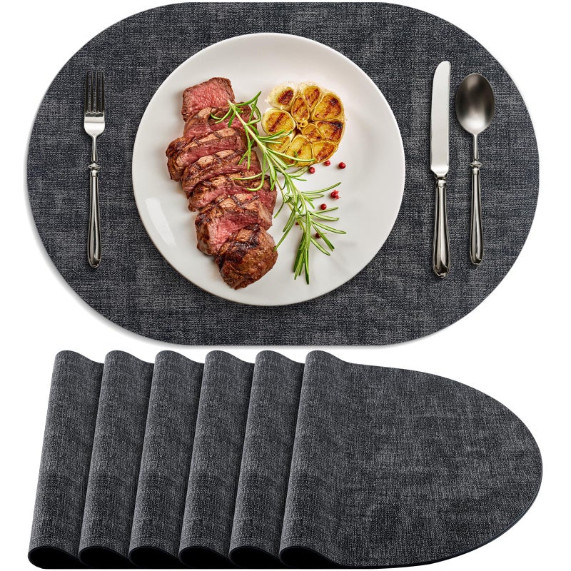 BARTHKIT Placemats for Dining Table Set of 6 Non-Slip, Heat Resistant Oval Leather Placemat Double Layer, Waterproof Table Mats Easy to Clean for Kitchen Dining Room Coffee Office Table, Charcoal - Image 1