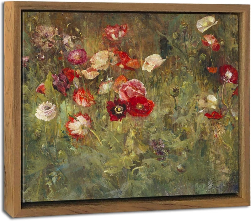 Pyradecor Vintage Wall Art A Bed of Poppies Canvas Prints Retro Natural Wood Framed Home Decor Classical Floral Paintings Artwork for Bedroom Farmhouse Kitchen Office Decorations - Image 1